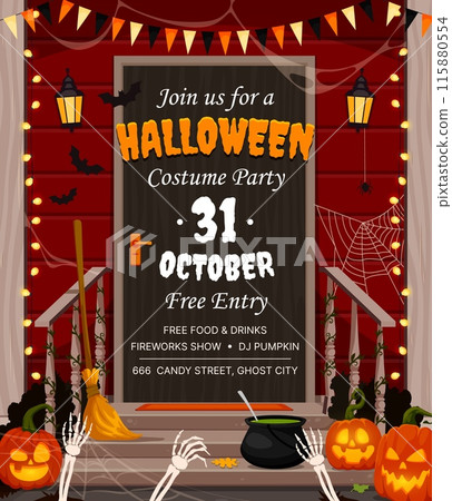 Halloween party flyer with holiday decorated door porch. Vector Halloween horror night trick or treat scary pumpkins, spooky skeleton hands and bats, spider, cobweb, witch broom and potion cauldron 115880554