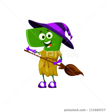 Cartoon Halloween number seven, witch character for holiday or kids funny mathematics, vector digit. Number 7 in Halloween costume of witch hat, broomstick and happy smiling face for kids mathematics 115880557