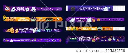 Halloween holiday party paper bracelets with cartoon characters. Hand wristband mockups. Vector festive wrists, playful accessories set with spooky pumpkins, ghosts, witch or vampire, sweets and bats 115880558