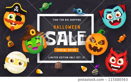 Halloween sale banner with holiday emoji faces. Halloween season shopping or autumn seasonal price drop or sale promotion vector flyer with pirate, vampire, mummy and devil, witch, pumpkin emoji faces 115880563