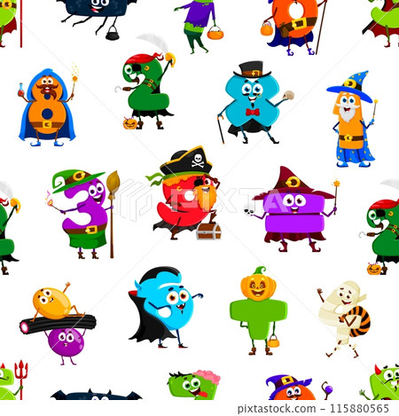 Cartoon Halloween numbers and digit characters pattern, vector background. Funny numbers in Halloween holiday costumes, six dracula and eight wizard with magic wand and math equals sign as witch 115880565