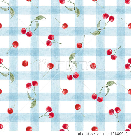 Beautiful geometric seamless pattern with hand drawn watercolor blue stripes and red cherries. Stock illustration. Wallpaper design. 115880641