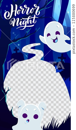 Halloween social media frame template with cute spooks in night forest. Vector vertical bewitching backgrounds with adorable ghosts, perfect for adding touch of eerie charm to festive photos and posts Halloween social media frame template with cute spooks in night forest. Vector vertical bewitching backgrounds with adorable ghosts, perfect for adding touch of eerie charm to festive photos and posts 115880699