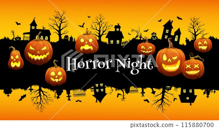 Halloween grunge banner with scary pumpkins and town silhouette. Vector background with moonlit creepy cityscape shrouded in darkness, haunted houses, gnarled trees and bats set stage at horror night 115880700