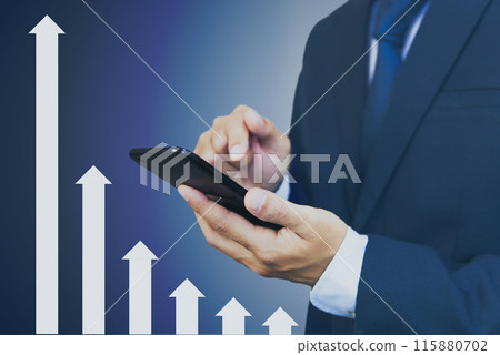 Businessman, smartphone and rising arrow Businessman smartphone arrow rise Businessman, smartphone and rising arrow Businessman smartphone arrow rise 115880702