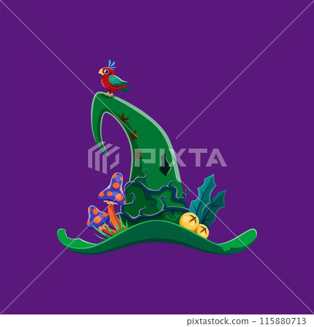Cartoon Halloween witch hat adorned with enchanting mushrooms, a friendly bird, winding vines, lush leaves, and jingling bells. Isolated vector whimsical magical accessory for spooky wizard costume Cartoon Halloween witch hat adorned with enchanting mushrooms, a friendly bird, winding vines, lush leaves, and jingling bells. Isolated vector whimsical magical accessory for spooky wizard costume 115880713
