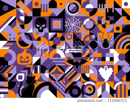 Halloween holiday abstract modern geometric pattern. Vector background, ornament or tile with bold simple shapes, vibrant colors, spooky elements such as skull, pumpkin, ghost and bat, cat or spider 115880721