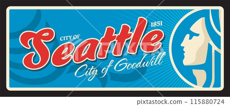 Seattle american plaque, USA retro travel plate, vintage tourist destination. United States of America city vintage tin sign, vector plate or banner with coat of arms, City of goodwill motto Seattle american plaque, USA retro travel plate, vintage tourist destination. United States of America city vintage tin sign, vector plate or banner with coat of arms, City of goodwill motto 115880724