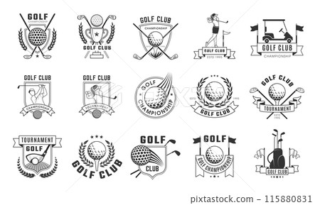 Golf badges. Sport logos for golf club badges with specific tools cups balls stick recent vector template with place for personal text Golf badges. Sport logos for golf club badges with specific tools cups balls stick recent vector template with place for personal text 115880831