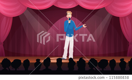 Standup show. Comedian standing at stage holding microphone and joking exact vector laughing people Standup show. Comedian standing at stage holding microphone and joking exact vector laughing people 115880838