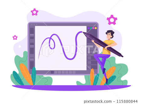 Person with stylus. Man holding big stylus for digital art exact vector concept background in cartoon style 115880844