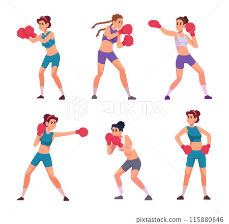 Woman boxing. Strong female sport characters in action poses workout training woman in boxing gloves exact vector cartoon person 115880846