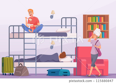 Hostel people travelers or students living in open space room 115880847
