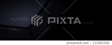 Black 3D elegant futuristic technology background with future design concept. Dark abstract modern wide horizontal backdrop for poster, banner, social media, cover, website, brochure, advertising Black 3D elegant futuristic technology background with future design concept. Dark abstract modern wide horizontal backdrop for poster, banner, social media, cover, website, brochure, advertising 115881056