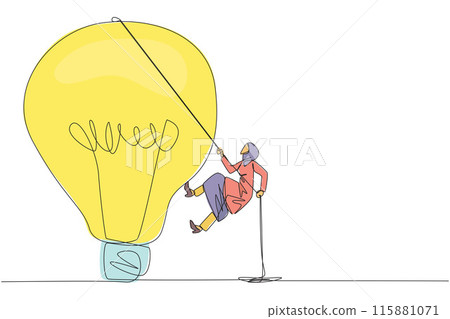 Continuous one line drawing Arab businesswoman climbs lightbulb with rope. Trying to reach high places to get useful fresh ideas. For the company's benefit. Single line draw design vector illustration Continuous one line drawing Arab businesswoman climbs lightbulb with rope. Trying to reach high places to get useful fresh ideas. For the company's benefit. Single line draw design vector illustration 115881071