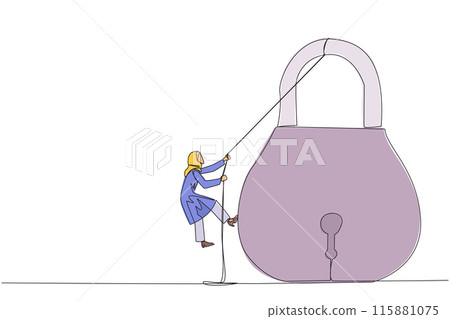 Single continuous line drawing Arab businesswoman climbs padlock with rope. Do the best to privatize business. Sole owner. The result of smart hard work. Work hard. One line design vector illustration 115881075