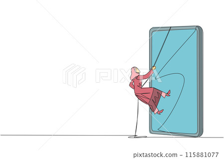 Single one line drawing Arab businesswoman climbs smartphone with rope. Improve business relationship. Massively contact colleague. Connected to each other. Continuous line design graphic illustration 115881077