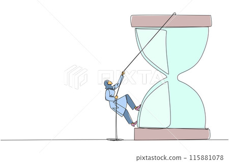 Single one line drawing Arab businesswoman climbs hourglass with rope. Countdown is set. Deadline is coming soon. Time management must be good. Work smart. Continuous line design graphic illustration 115881078