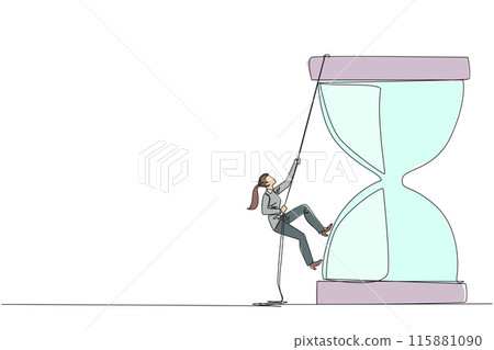 Continuous one line drawing businesswoman climbs hourglass with rope. Countdown is set. Deadline is coming soon. Time management must be good. Work smart. Single line draw design vector illustration Continuous one line drawing businesswoman climbs hourglass with rope. Countdown is set. Deadline is coming soon. Time management must be good. Work smart. Single line draw design vector illustration 115881090