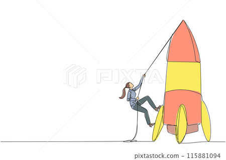 Single one line drawing businesswoman climbs rocket with rope. Set the intention to open a new branch. Work hard to expand the business. Smart hard work. Continuous line design graphic illustration 115881094