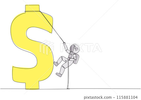 Continuous one line drawing astronaut climbs dollar symbol with rope. Metaphor looking for extra money because of high needs. Smart work combined with hard work. Single line design vector illustration 115881104