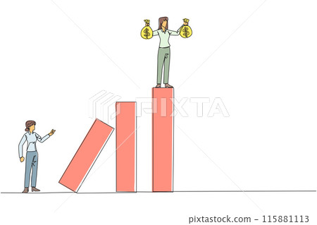 Single continuous line drawing businesswoman standing on the bar lifting the money bag. Fake partner. The envy friend. Sabotage happiness. The traitor on office. One line design vector illustration 115881113
