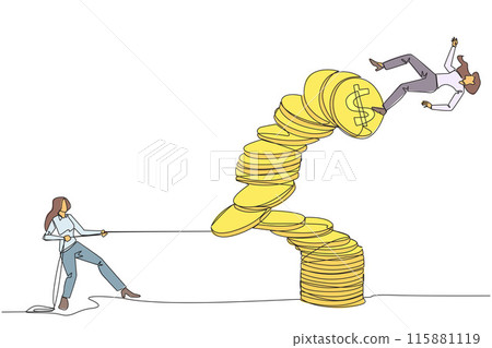 Single one line drawing businesswoman pull one of piles of coins who made the person on top fall. Business fraud. Misappropriation of office money. Traitor. Continuous line design graphic illustration 115881119