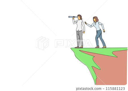 Single one line drawing businesswoman monitoring something at the edge of a cliff using binocular. Monitoring business. Taken down by traitor from behind. Continuous line design graphic illustration Single one line drawing businesswoman monitoring something at the edge of a cliff using binocular. Monitoring business. Taken down by traitor from behind. Continuous line design graphic illustration 115881123