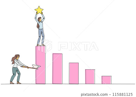 Continuous one line drawing businesswoman achieves the highest honors. Hypocrite who doesn't like business partner's happiness. Thorn in the flesh. Traitor. Single line draw design vector illustration 115881125