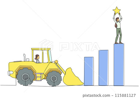 Single one line drawing businesswoman standing on the highest bar raising a star. Bulldozer ready to destroy the happiness. Betrayal. Fake friends. Traitor. Continuous line design graphic illustration 115881127