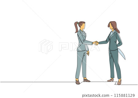 Continuous one line drawing two businesswomen shaking hands. One of them holding knife behind back. Getting ready to stab. Must win at all costs. Traitor. Single line draw design vector illustration 115881129