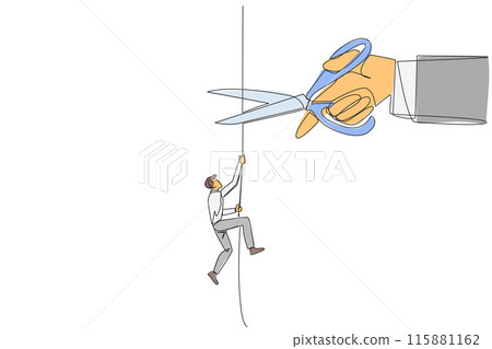 Single continuous line drawing businessman climbing rope. Metaphor of struggling to advance business. Business failed to develop. Sabotaged by business friends. One line design vector illustration 115881162