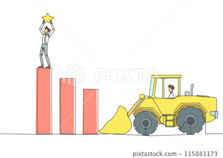 Single one line drawing businessman standing on the highest bar raising a star. Bulldozer ready to destroy the happiness. Betrayal. Fake friends. Traitor. Continuous line design graphic illustration 115881173