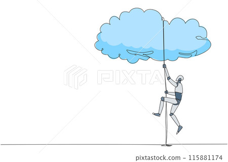 Continuous one line drawing smart robot climbing clouds with the rope. A metaphor for hanging dreams sky high. Ultimate success. Hard worker. Work smarter. Single line draw design vector illustration 115881174