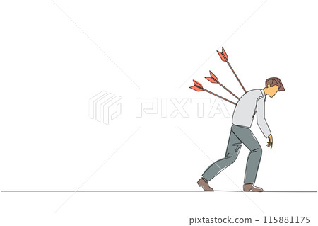 Continuous one line drawing businessman standing and several arrows stuck in the back. Attacked from behind. Destroyed and helpless. Fake partner. Traitor. Single line draw design vector illustration 115881175