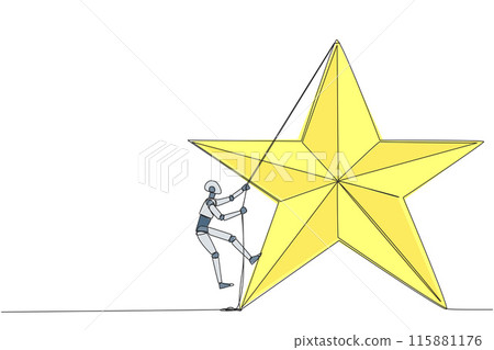 Single continuous line drawing smart robot climbing the star with the rope. Entrepreneurs strive extra hard to reach the goals hang in the stars. Dream come true. One line design vector illustration 115881176