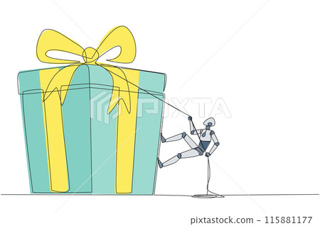 Single continuous line drawing smart robot climbing gift box with rope. Struggle persistently to achieve the desired reward. Hard work. Sincere work. Work smart. One line design vector illustration Single continuous line drawing smart robot climbing gift box with rope. Struggle persistently to achieve the desired reward. Hard work. Sincere work. Work smart. One line design vector illustration 115881177