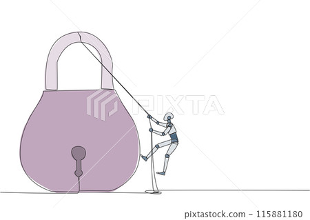 Single one line drawing smart robot climbing padlock with rope. Do the best to privatize the business. Sole owner. The result of smart hard work. Satisfied. Continuous line design graphic illustration 115881180