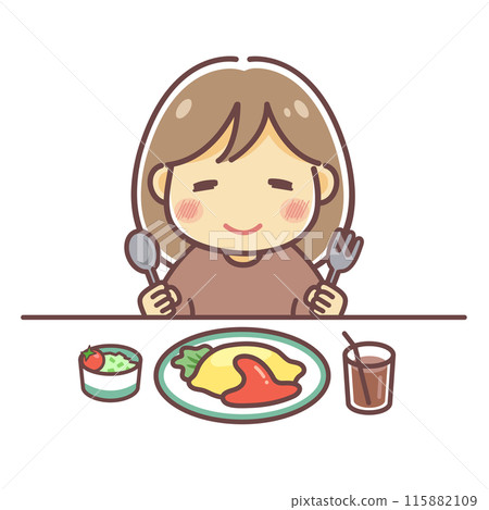 Illustration material of a girl eating omurice 115882109