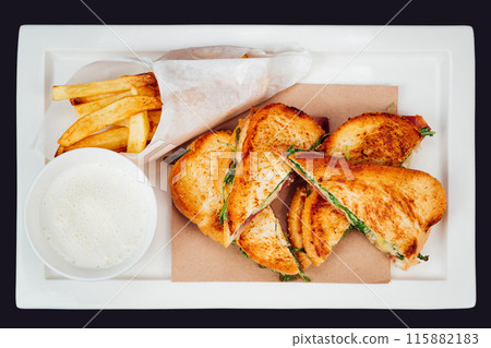 Classic club sandwich and fries with dip 115882183