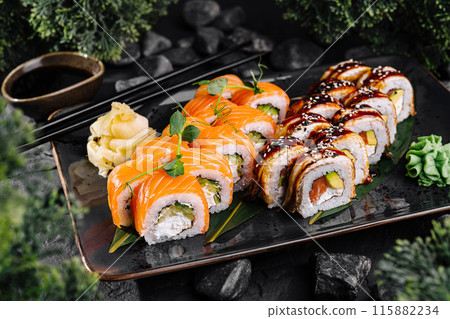 Delectable sushi platter with fresh ingredients 115882234