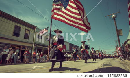 Independence Day of America. Parade people in traditional clothes with flags 115882286
