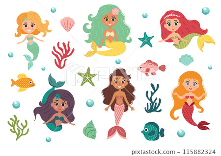 Cute little mermaid girls set. Corals, algae, fish, shells, starfish and bubbles. Cartoon fairy tale mermaid characters, swimming under the sea. 115882324