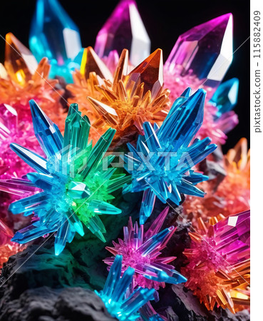 Cluster of colorful fantasy glowing crystals, close-up abstract bright multi-color background 115882409
