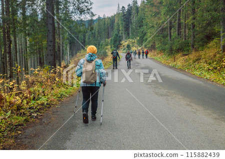 Mature caucasian blonde woman on vacation, having a hike in autumn mountains with backpack and hiking poles, enjoying adventure. Mature caucasian blonde woman on vacation, having a hike in autumn mountains with backpack and hiking poles, enjoying adventure. 115882439