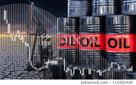 A decreasing graph against the background of barrels of oil. Symbol of low prices on the energy market 115882480