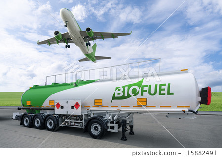 Airplane and biofuel tank trailer. Decarbonization concept 115882491