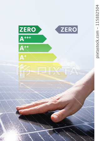 Close-up of a hand touching a solar panel 115882504