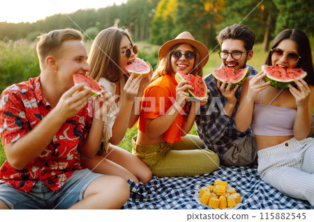 Group of young friends having picnic, eating watermelon, enjoy summer party. Summer vacation concept 115882545
