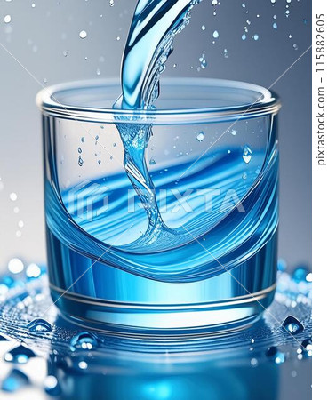 Water is poured into a blue glass. silver background 115882605